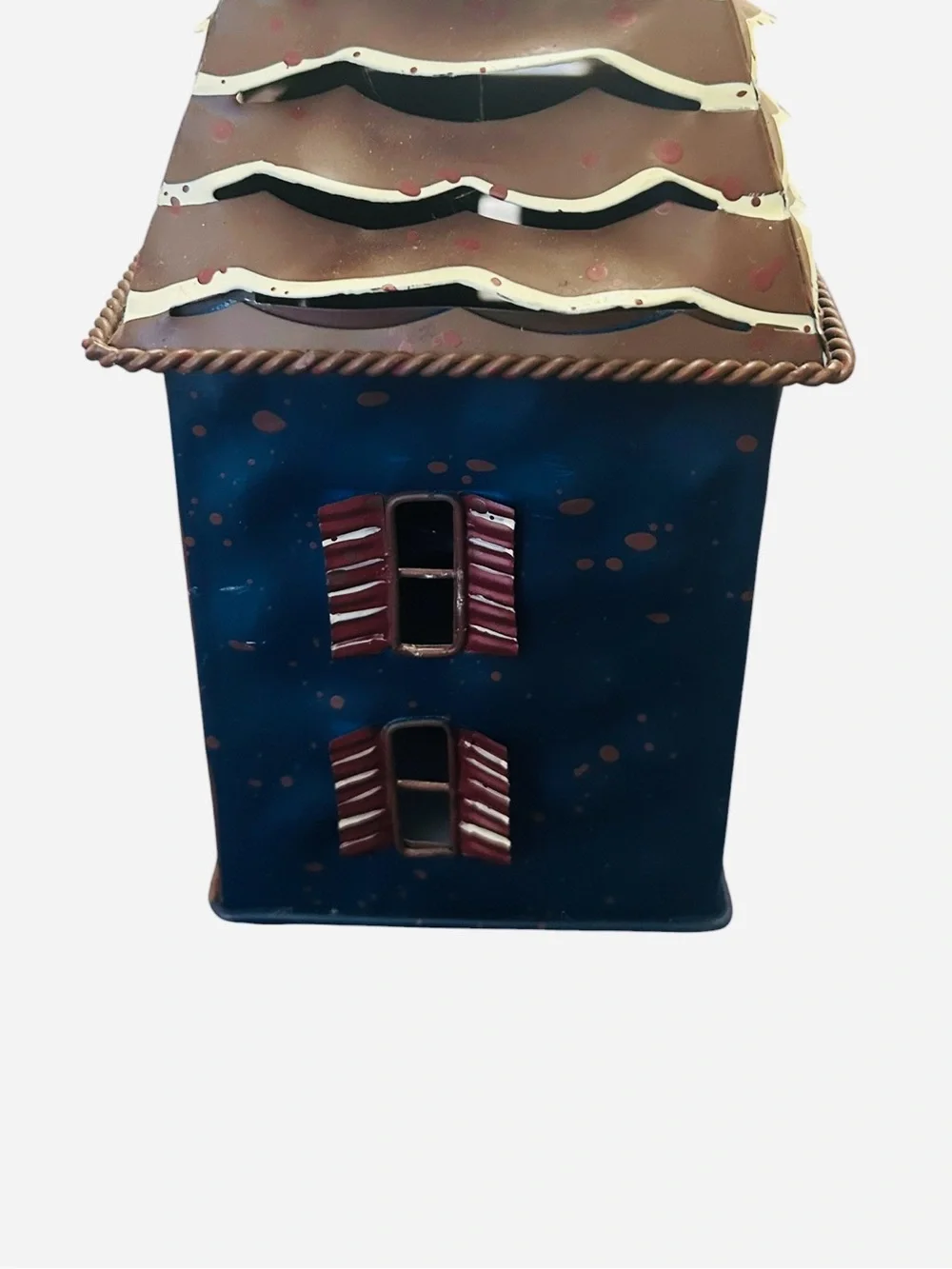 primitive-style blue and brown metal house candle lantern 7X5.5”